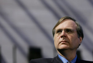 WASHINGTON - OCTOBER 05:  Paul Allen, founder of SpaceShipOne takes part in a news conference to mark the donation of SpaceShipOne to the National Air and Space Museum October 5, 2005 in Washington, DC.  SpaceShipOne was the first privately built and piloted vehicle to reach space and will be on permanent display between Charles Lindbergh's Spirit of St. Louis and Chuck Yeager's Bell X-1.  (Photo by Win McNamee/Getty Images)